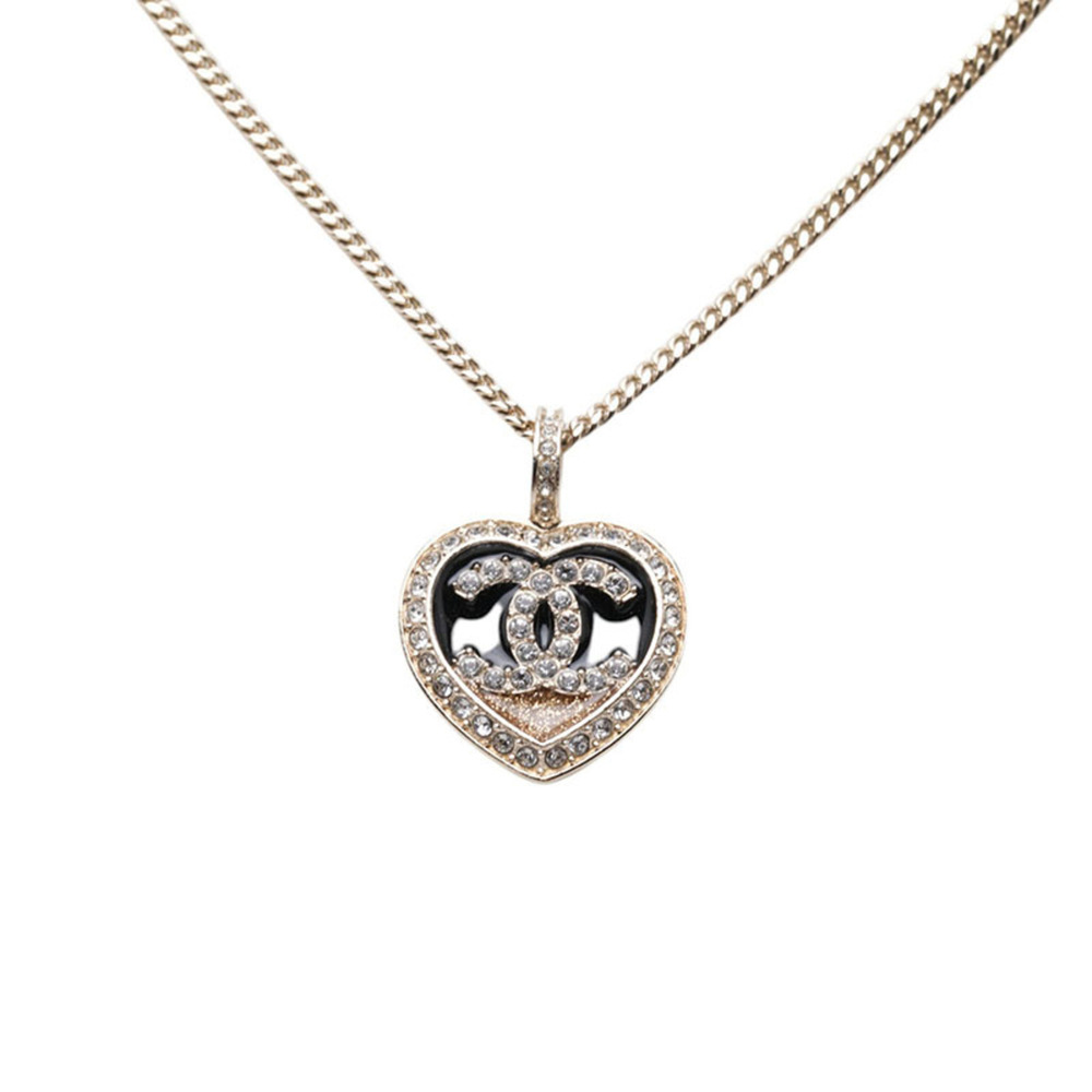 Chanel Coco Mark Heart Motif Necklace, Gold and Black Plated Rhinestones, Wom...
